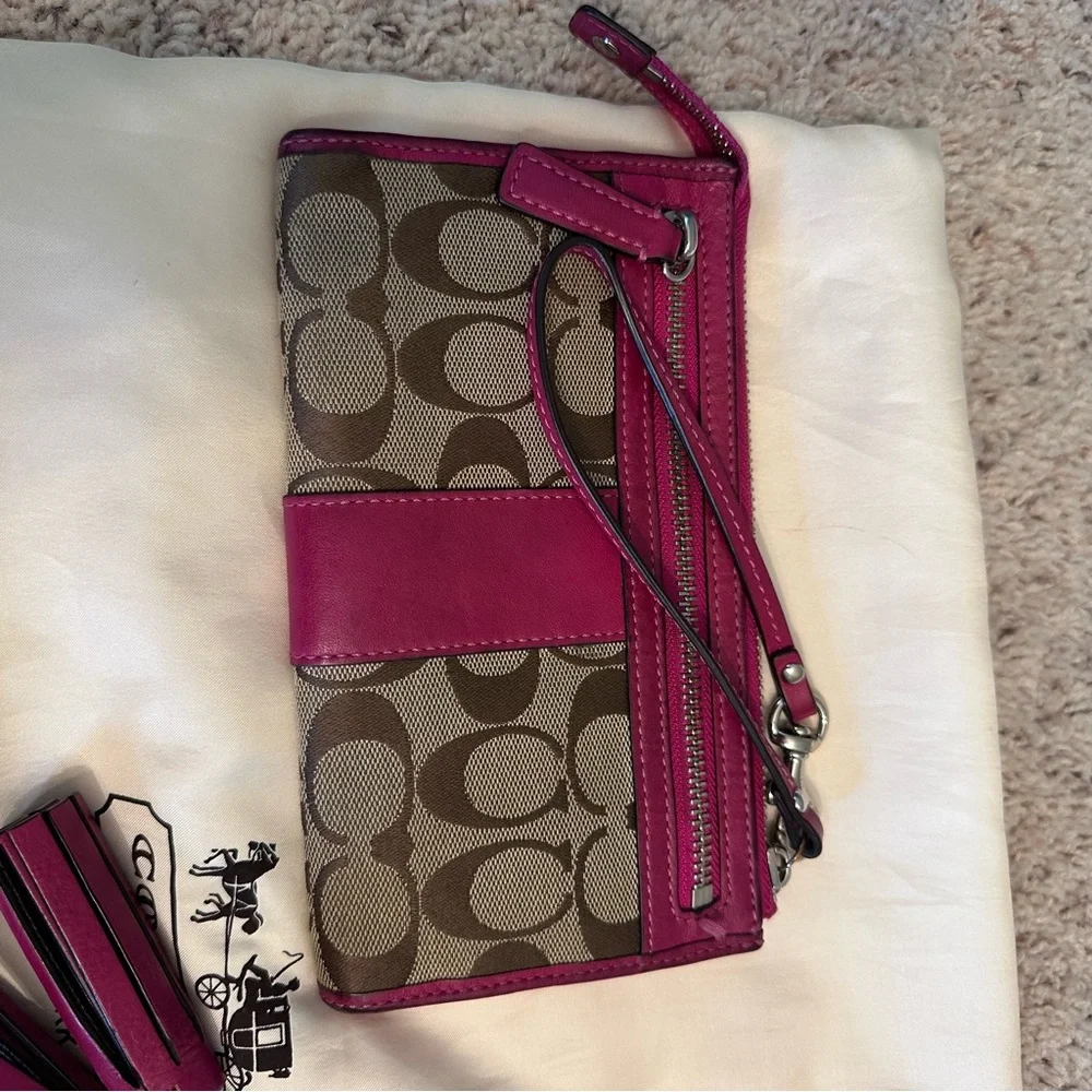 Coach tan and pink shoulder style bag with matching wallet wristlet